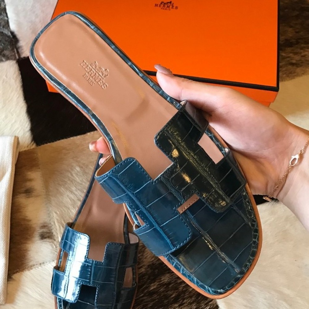 Hermes Oran Slide Sandals In Blue Shiny Niloticus Crocodile Skin HERMESHS5270